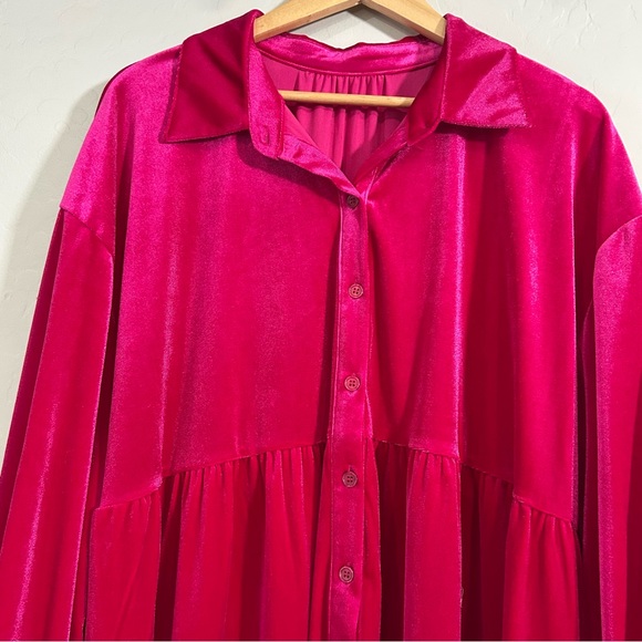 Plus Size Hot Pink Fuchsia Velvet Button Down Babydoll Tunic Top 2X Holiday - Picture 2 of 8
